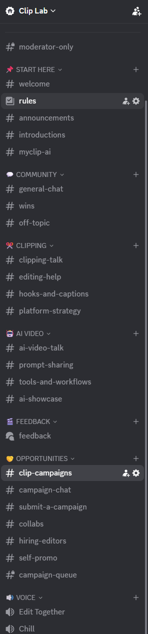Channels for clipping, AI video, feedback and collabs
