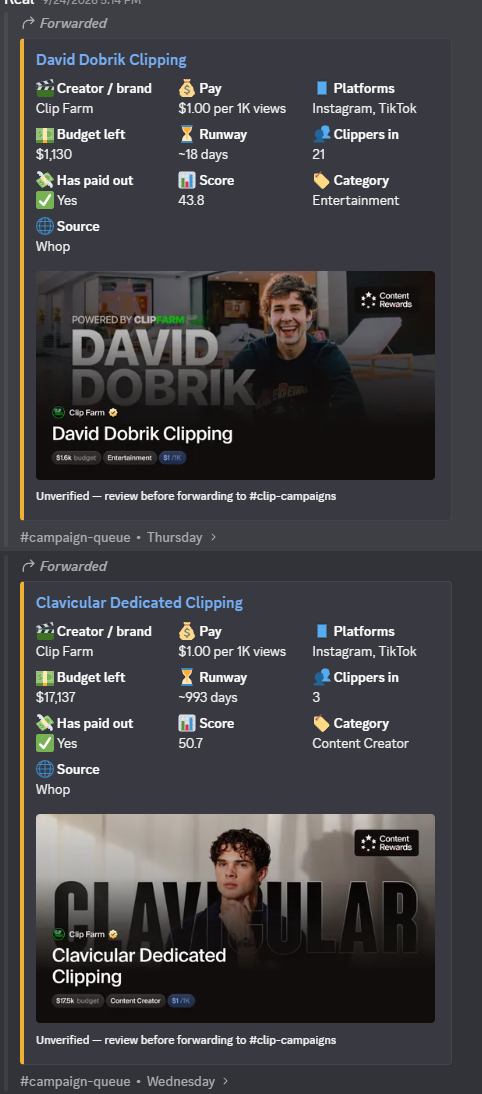 Paid clip campaigns — real brands paying per 1K views