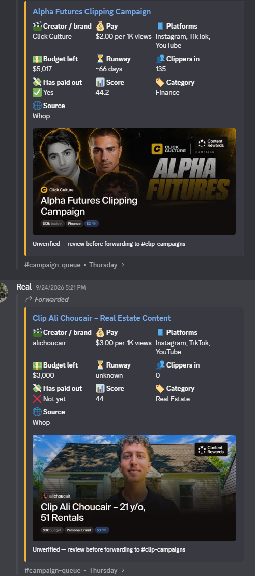 New campaigns posted daily with budgets and payout info